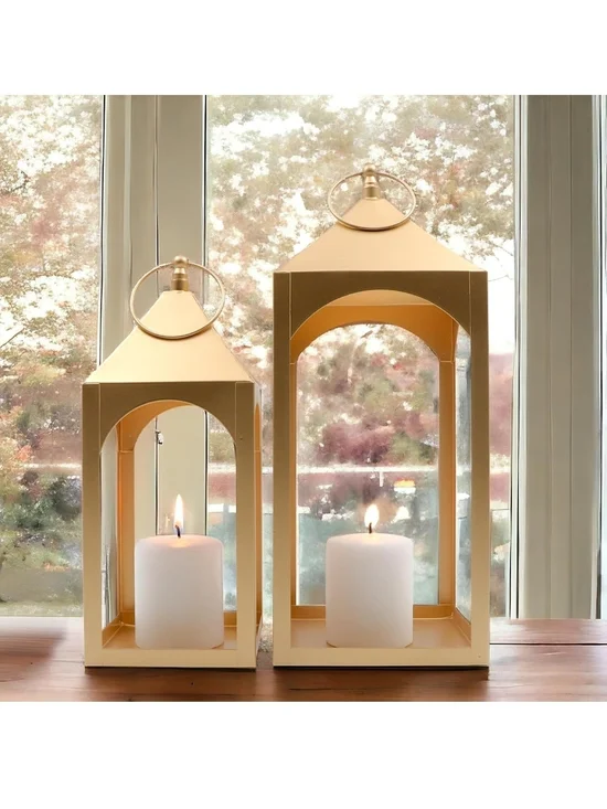 Gold Metal Lantern Set with Candle Holders - Decorative Home Accent