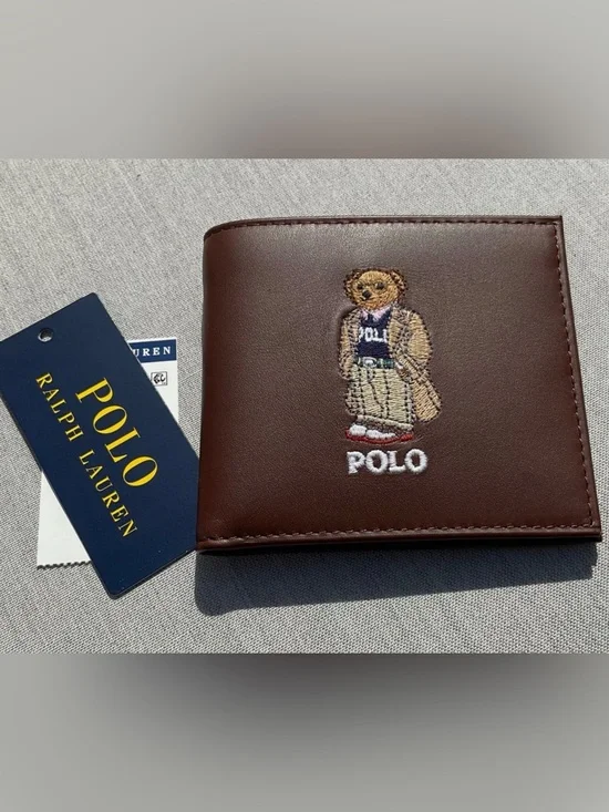 NWT Polo Ralph Lauren Brown COLLEGIATE BEAR Leather Double Billfold Wallet