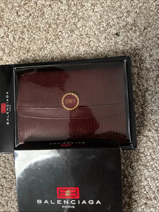 Balenciaga Burgundy Textured Leather Wallet with Gold BB Emblem