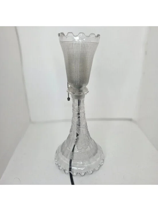 Vintage Pressed Clear Glass Boudoir Vanity Lamp Floral Stem Ruffled Waffle Shade