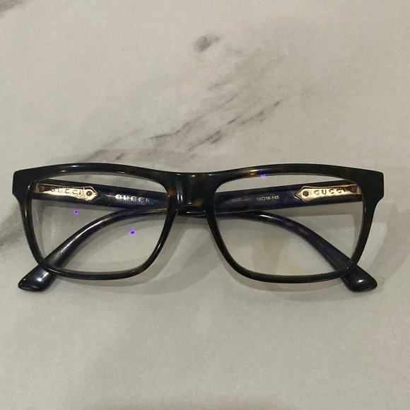 Gucci Men’s Tortoiseshell Rectangle Glasses with Gold Accents