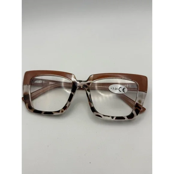 Square Reading Glasses +3.00 Translucent brown cheetah frame Unisex Magnifier