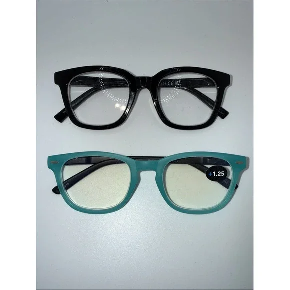 2 Pairs of NEW +1.25 Reading Eyeglasses-Black Wide Frames & Optimum Optical Blue