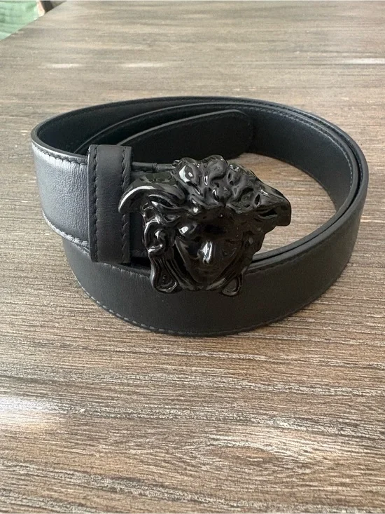 Versace Black Leather Belt with Glossy Medusa Buckle