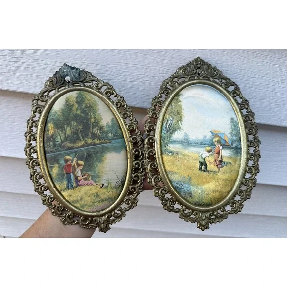 Vintage Victorian Brass Oval Ornate Picture Frames Silk Children‎ Outdoors X2
