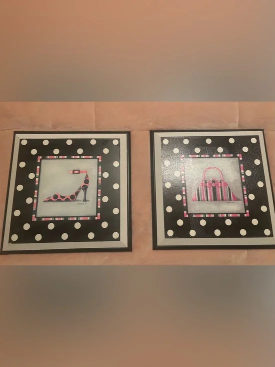 Polka Dot Pink Accent Wall Art Set - High Heel & Handbag