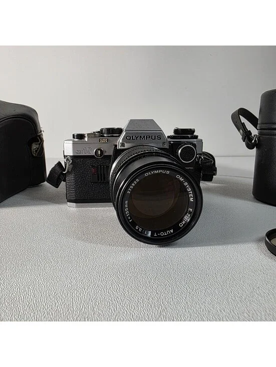 Olympus OM-10 35mm SLR Film Camera Manual Adapter with 135mm Lens & Cases Works