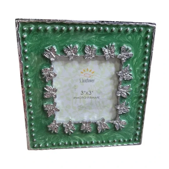 S Sunflower Green Enamel Butterfly Metal Small Square Picture Frame 3x3