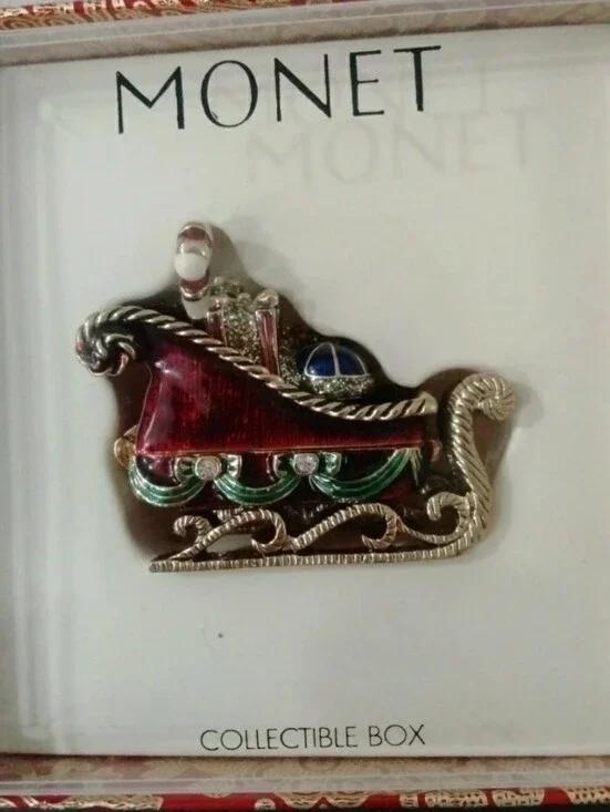 MONET Santa's Sleigh w/Gifts Sparkly Trinket Box w/original box -(New)-