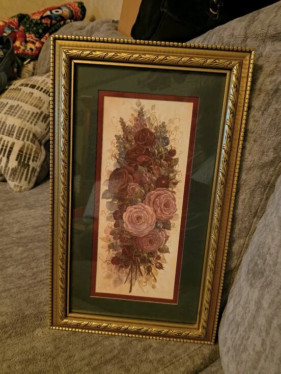 Vintage Gold Framed Floral Wall Art - Pink Rose Bouquet