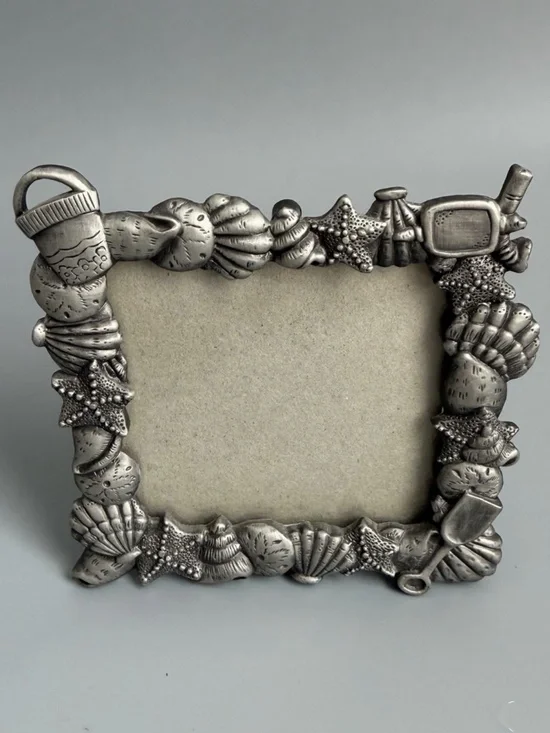 Pewter Beach Coastal Photo Frame 3 x 3 Seashell Starfish Snorkel Bucket Glass