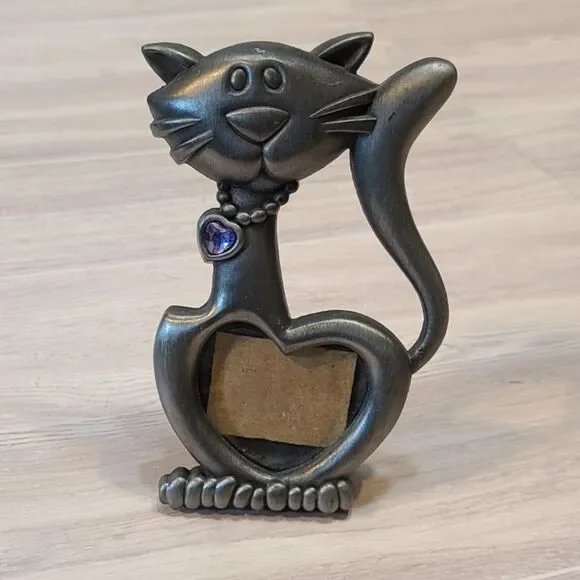 Metal Cat Picture Frame Silver Pewter Holder Purple Heart Accent Pet Decor Gift