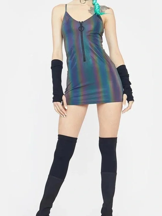 Dolls Kill (club exc) Iridescent Rainbow Slip Mini Dress with Front Zip