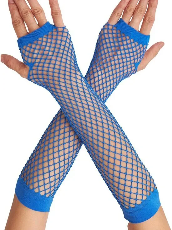Women's Blue Fishnet Fingerless Gloves Gothic Punk Emo 80s Scene Arm Sleeves