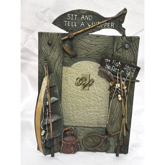 Rustic Fishing Theme Picture Frame Sit and Tell a Whopper Resin Lodge Decor 4x6