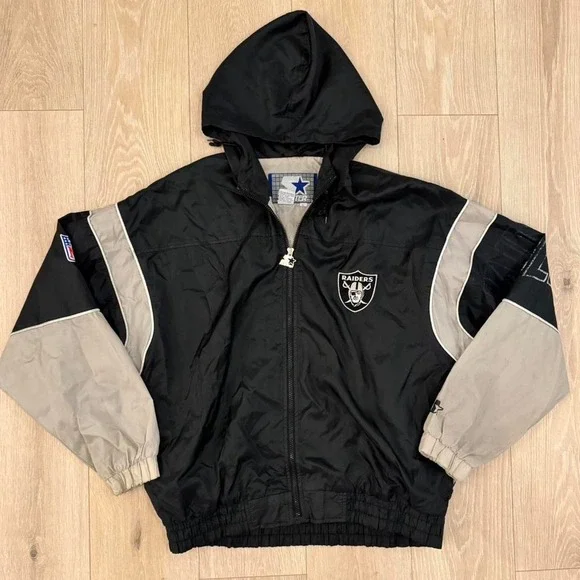 Vintage Starter Oakland Raiders Hooded Windbreaker Jacket Mens L 90s NFL Black