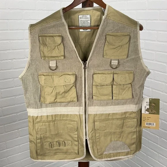 Bugle Boy Tactical Vest Men Large‎ Khaki Wetlands Zip Outdoor Fish Hunt  NWT