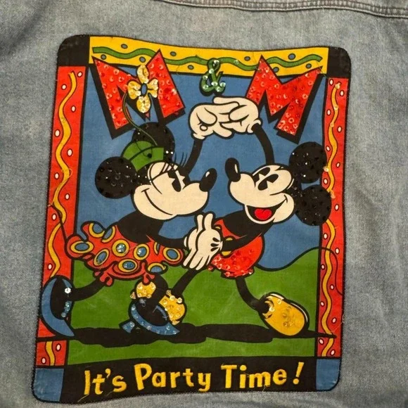 Vintage 90s Mickey & Co Sequin Denim Jacket Its Party Time Blue Mens M