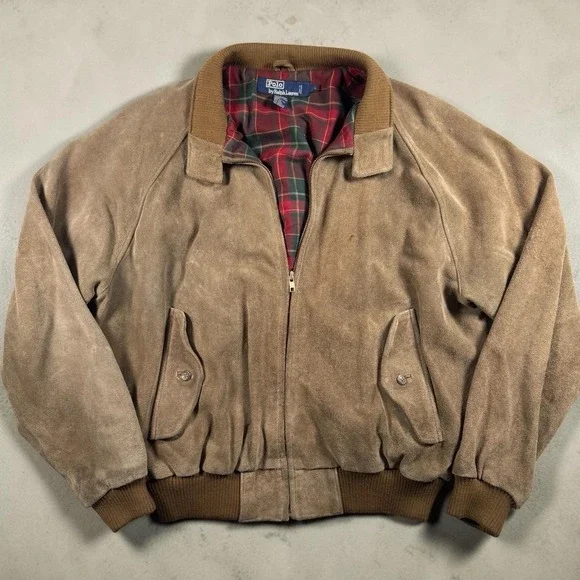Polo Ralph Lauren Vintage Suede Leather Bomber Jacket Mens XL Plaid Lined 90s