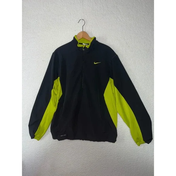 Nike Dri-FIT Mens Quarter Zip Pullover Jacket Black Neon Green‎ Large Running