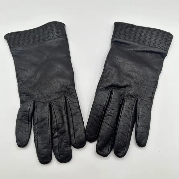 Willi Smith Gloves Leather Black‎ Size M Cashmere Lined Woven Cuff Designer