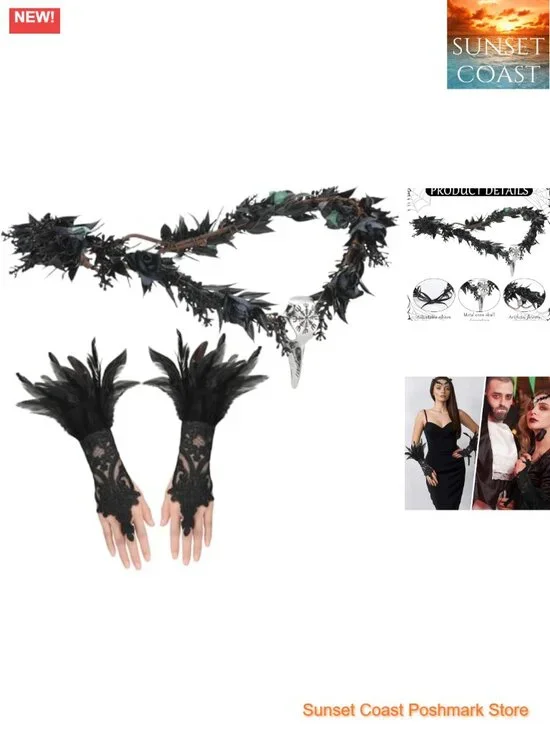 Gothic Raven Skull Crown and Feather Gloves Set - Halloween Costume Accessories
