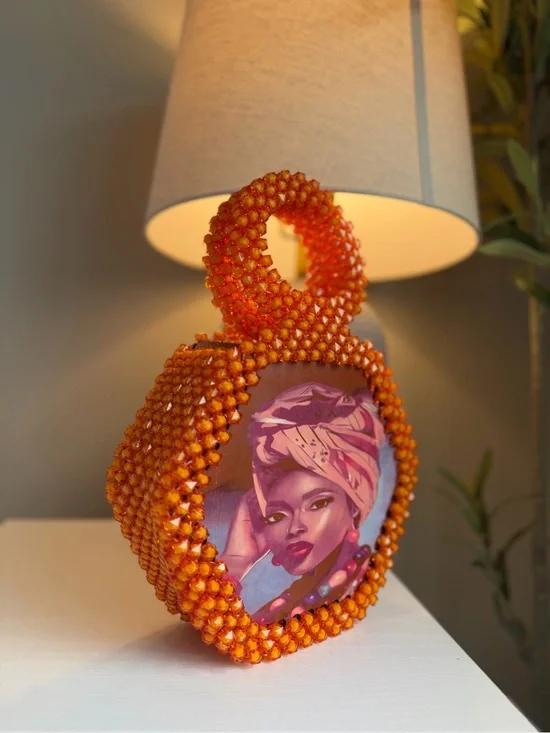 Handcrafted Orange Beaded Decorative Accent with Portrait Insert