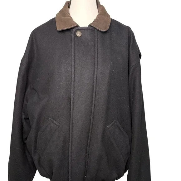 Gant Black Gray Wool Bomber Jacket Coat Leather Collar‎ XL Preppy Classic