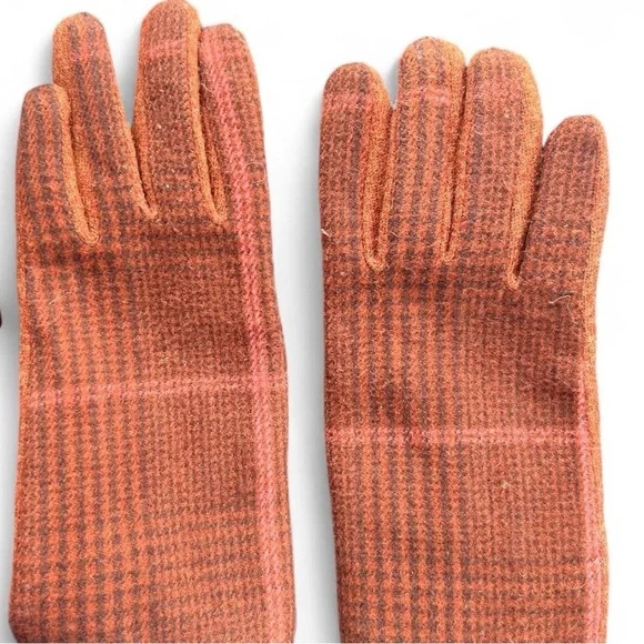 Plaid Wool Gloves in Orange and Brown