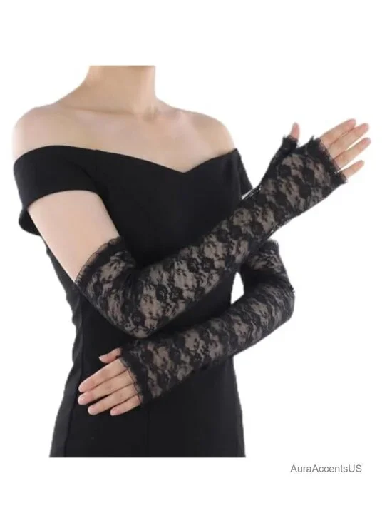 Lace Fingerless Gloves for Women, Pure Vintage Floral Sheer Lace Arm Sleeves,