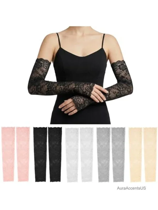Lace Fingerless Arm Sleeves Women Elbow Length Floral Stretchy