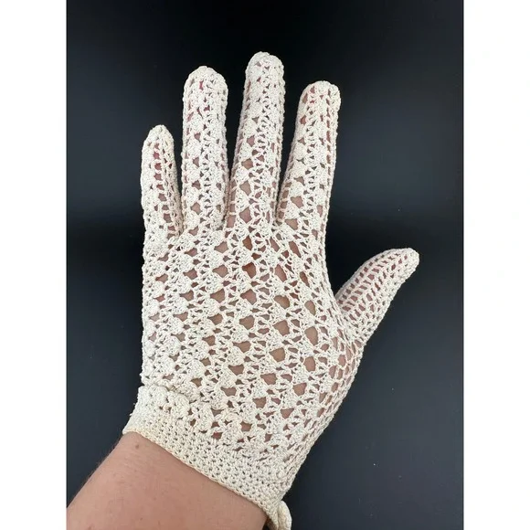 Vintage 40s Hand Crochet Gloves France Post WWII Ivory Lace Formal Bridal