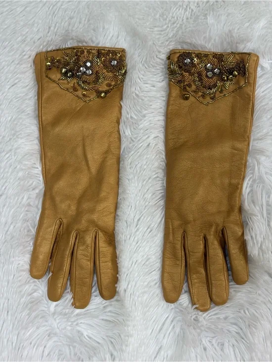 Embellished Tan Leather Women's Gloves