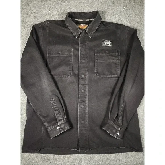 Harley Davidson Vintage 2003 Men Black Canvas Work Shirt Jacket Logo 96120-04VM