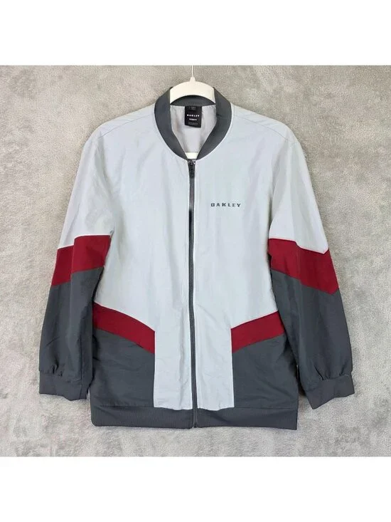Oakley Jacket Mens Small Gray Red Colorblock Full Zip Lightweight Windbreaker