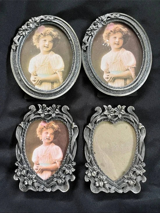 4 Vtg INTERPUR Pewter Picture Frames Floral Victorian Oval Heart Taiwan ROC