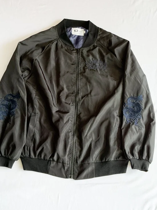 Xinmu Zicun Korea Black  Blue Satin Bomber Jacket Embroidered Dragon Sukajan Lg