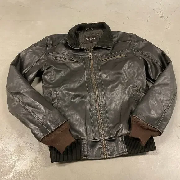 vintage y2k ribbed collar brown guess motorcycle zip up jacket