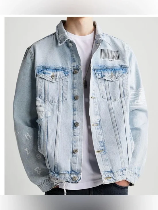 ZARA MAN Limited Edition Distressed Graphic Denim Jacket Men's S