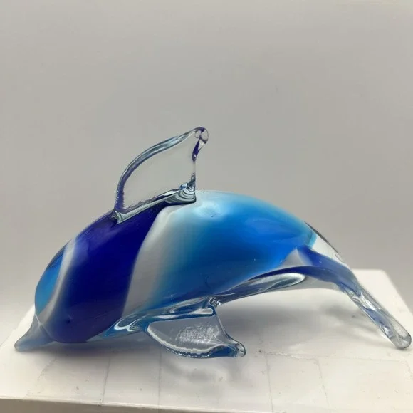 Vintage Hand Blown Art Glass Dolphin Figurine Blue White Swirl Paperweight 6