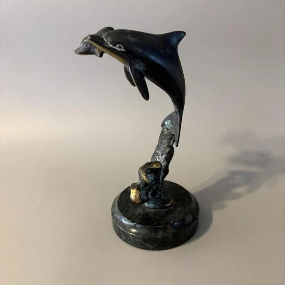 Vintage Verdigris Brass Dolphins Statue Verdigris Marble Base 6