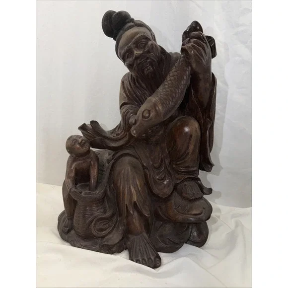 Antique Chinese‎ Wood Carving Childhood Koi Fish