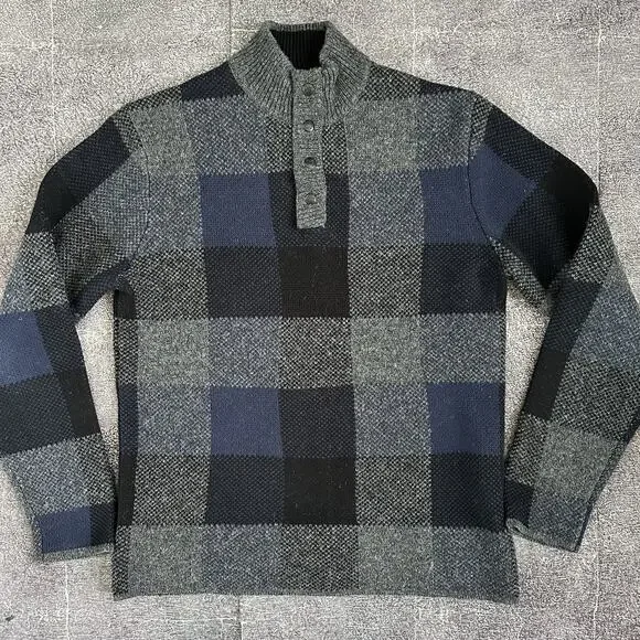 Mens Woolrich Gray Black Navy Blue Wool Color Block Snap T Pullover Sweater Sz M