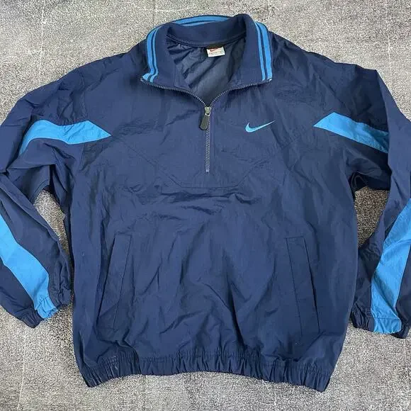 Mens Vintage 90s Nike Navy Blue Spell Out Anorak 1/4 Zip Windbreaker Jacket Sz M