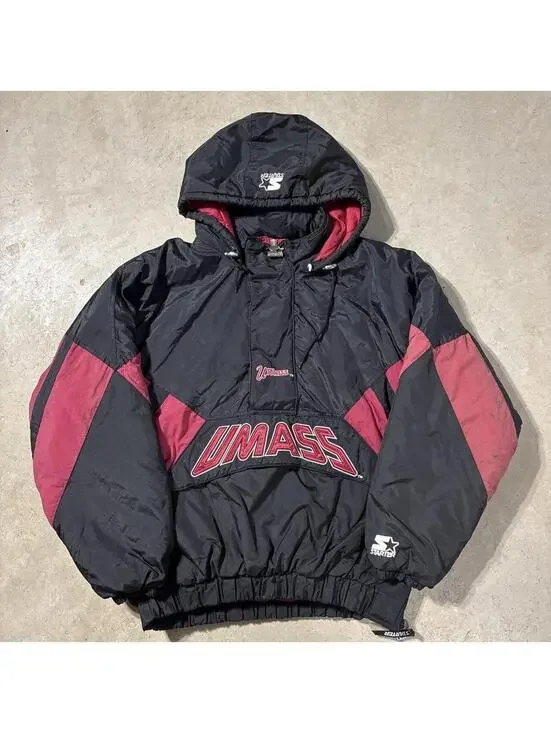 Vintage 90s UMass Minutemen Starter Pullover Jacket Black Red Large NCAA