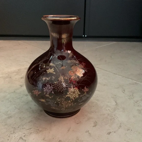 Toyo Japan Burgundy Oxblood Floral Gold Pheasant Ceramic Vase Gilt Accents