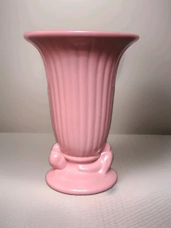 Vintage Haeger Pottery Ribbed Vase Pink with Birds at Base