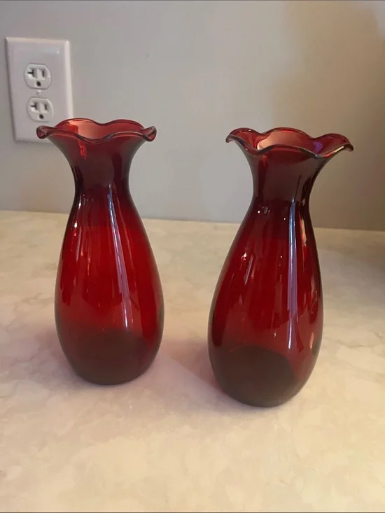 2 VIntage Royal Ruby Red Anchor Hocking Mid Century Vases