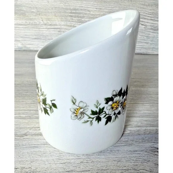 FM Limoges Porcelain Slanted Top Floral Vase Pen Pencil Eyeglass Holder France