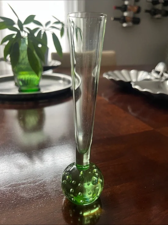 Beautiful Vintage Green Bubble-Base Bud Vase 7 inches tall by Baker Glass